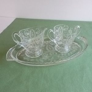 Vintage Viking Martinsville Etched Glass Set of 3 Creamer & Sugar Tray S…